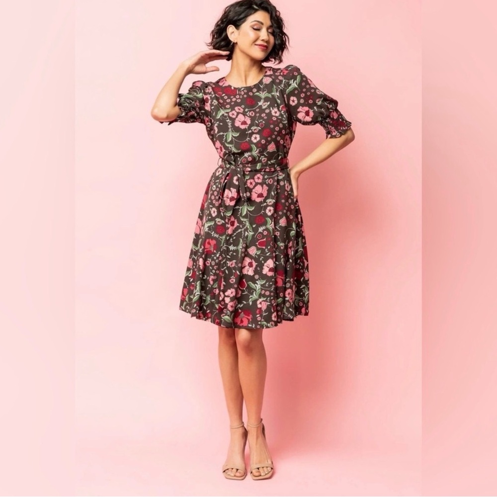 Baltic Born Cherie Flare Dress Floral Print Short Sleeves Flounce Brown Pink XL